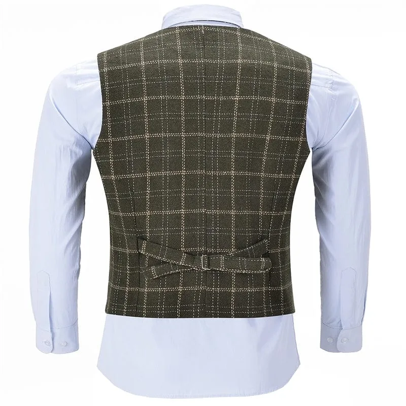 Formal Slim Fit Suit Vest Army Green Plaid V Neck Waistcoat