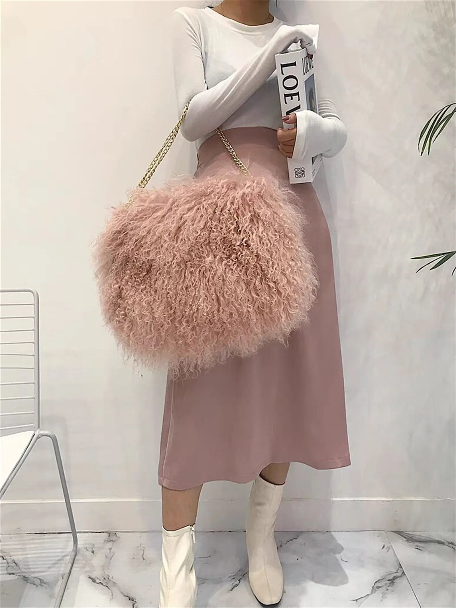 FURINFASHION HU-04 Autumn and Winter Real Mongolian Sheep Fur Envelope Oblique Straddle Single Shoulder Chain Fur Bag