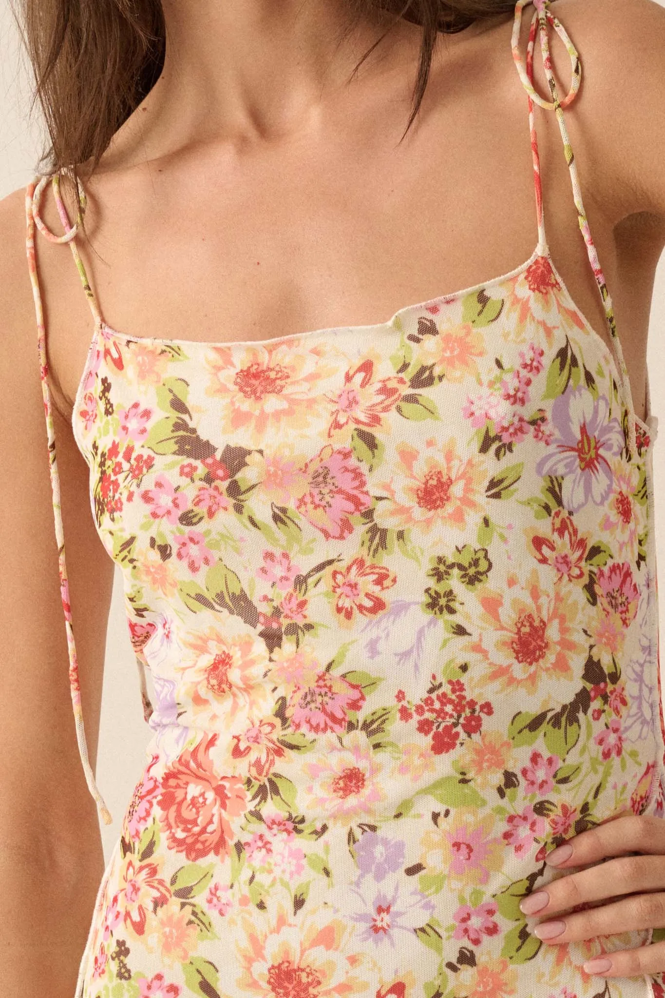 Garden Grown Floral-Print Mesh Midi Slip Dress