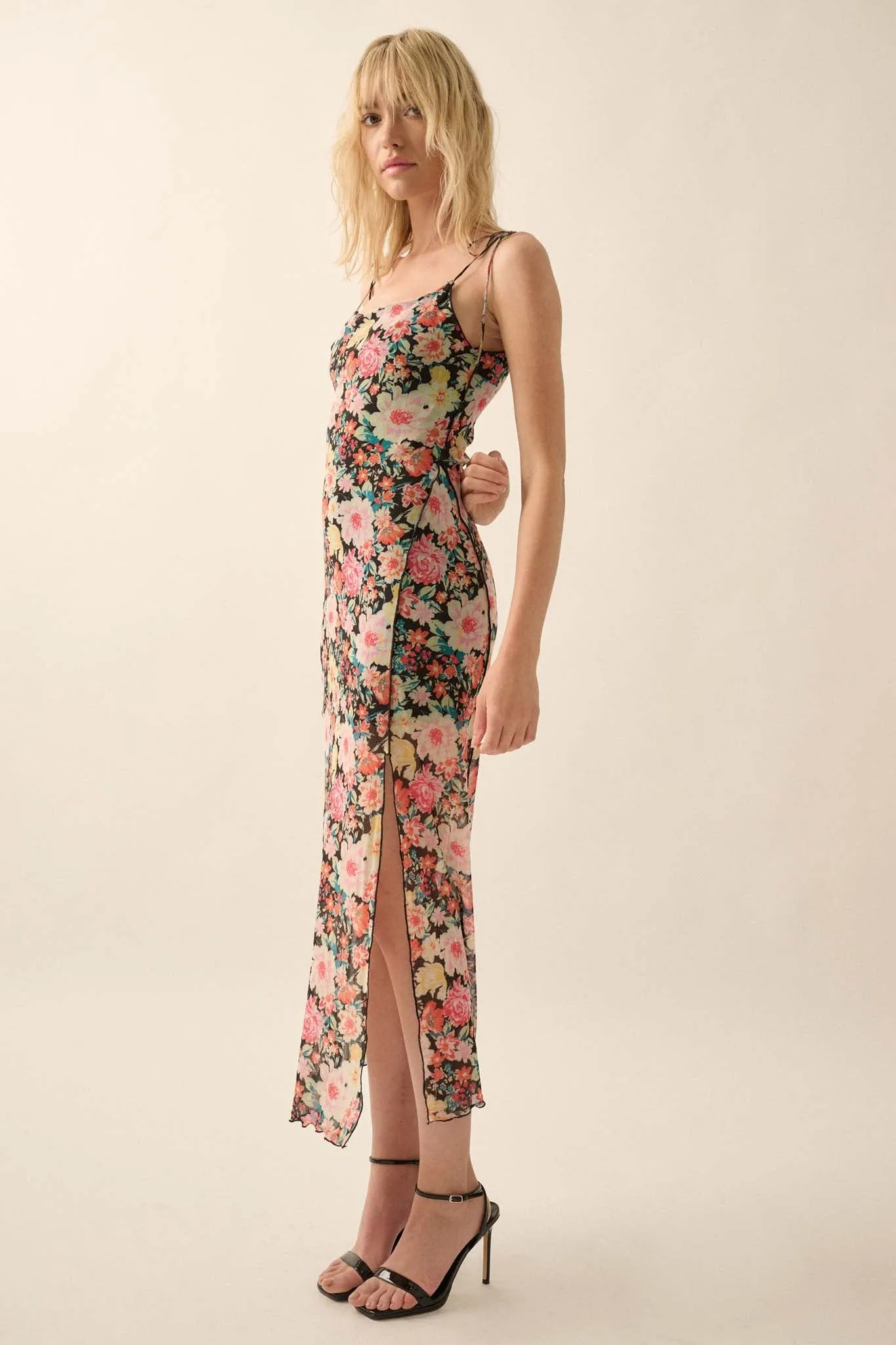 Garden Grown Floral-Print Mesh Midi Slip Dress