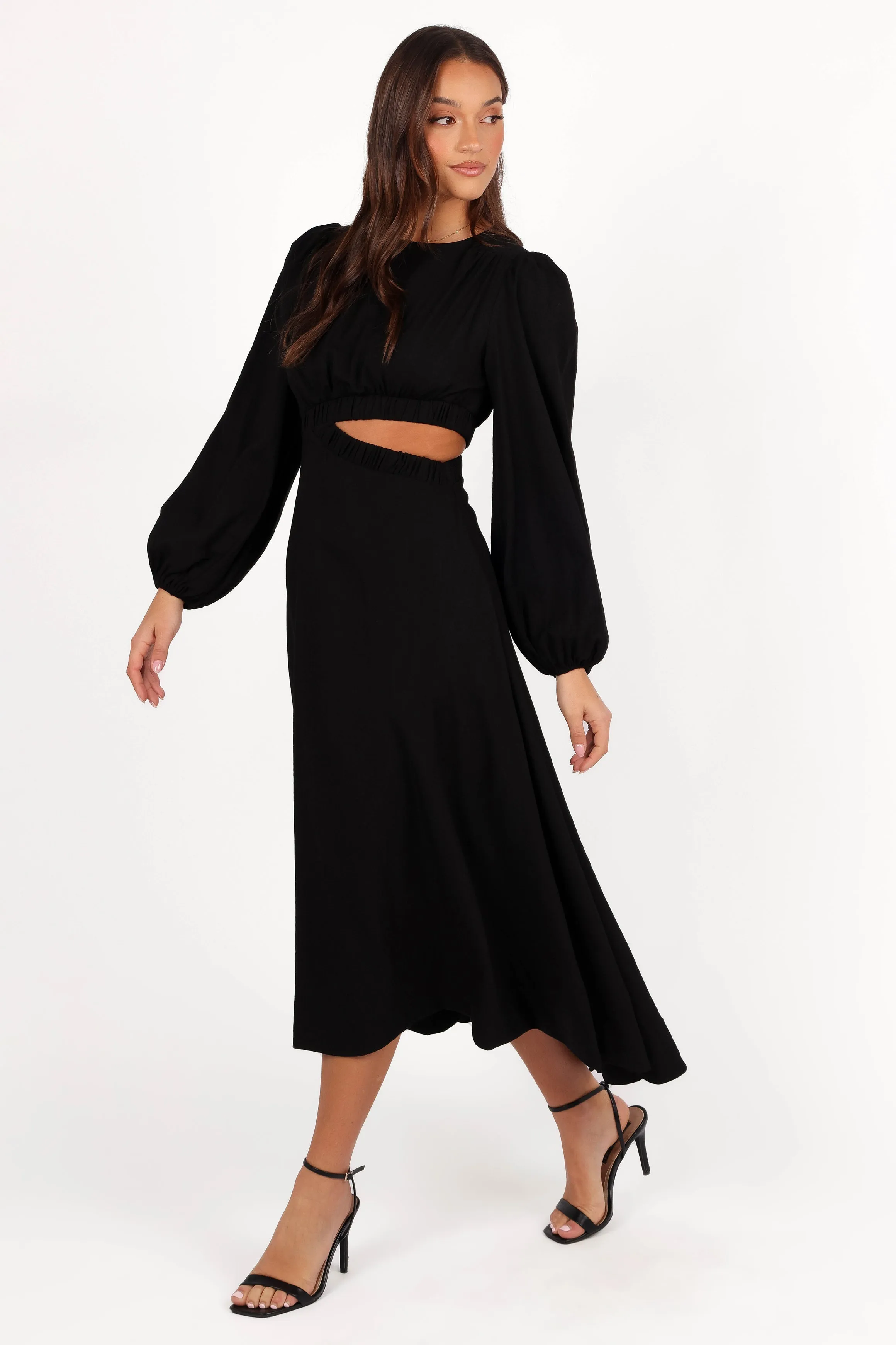 Ginnee Puff Sleeve Cutout Midi Dress - Black