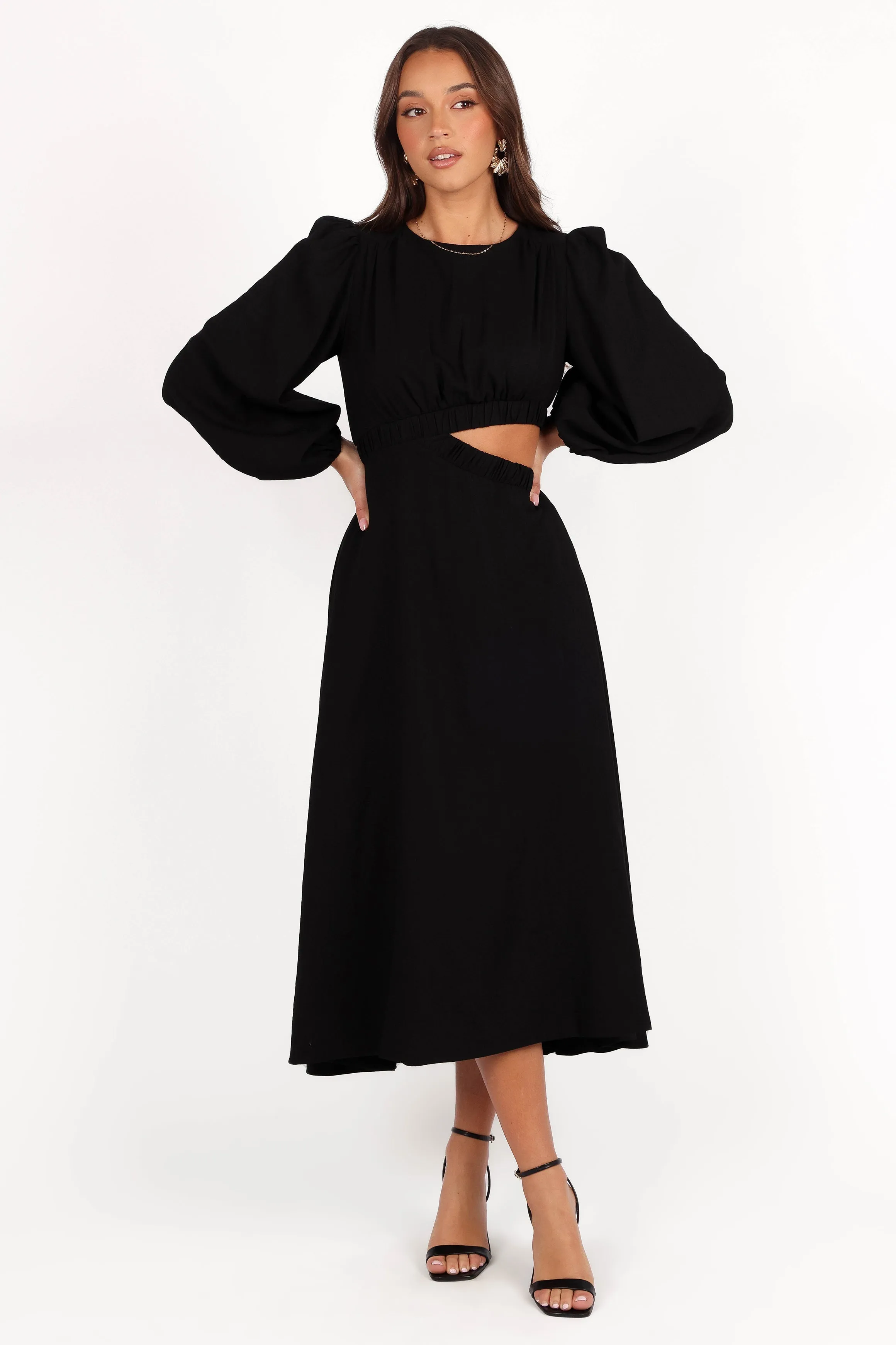 Ginnee Puff Sleeve Cutout Midi Dress - Black