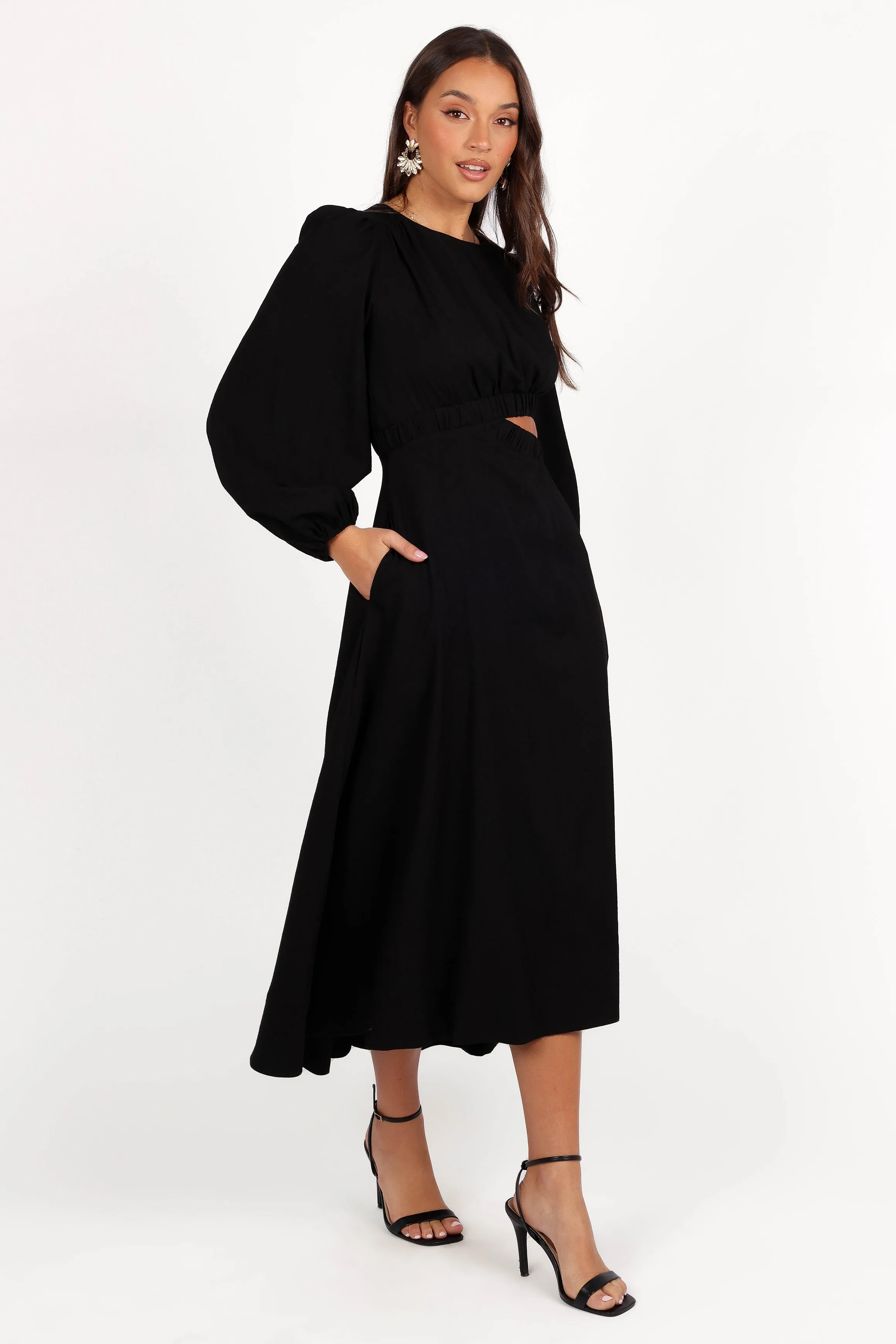 Ginnee Puff Sleeve Cutout Midi Dress - Black