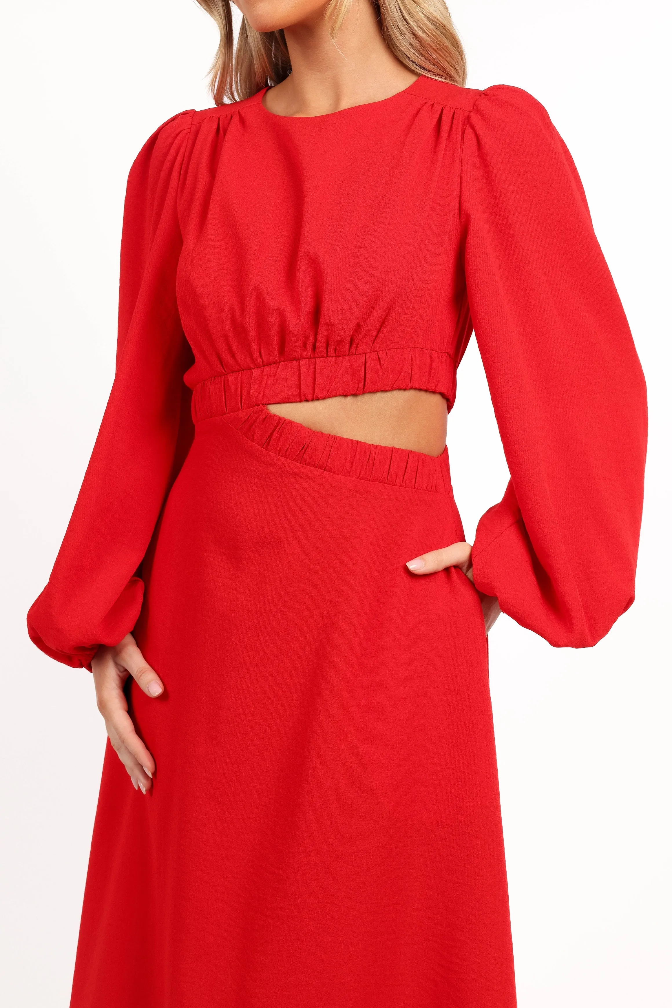 Ginnee Puff Sleeve Cutout Midi Dress - Red