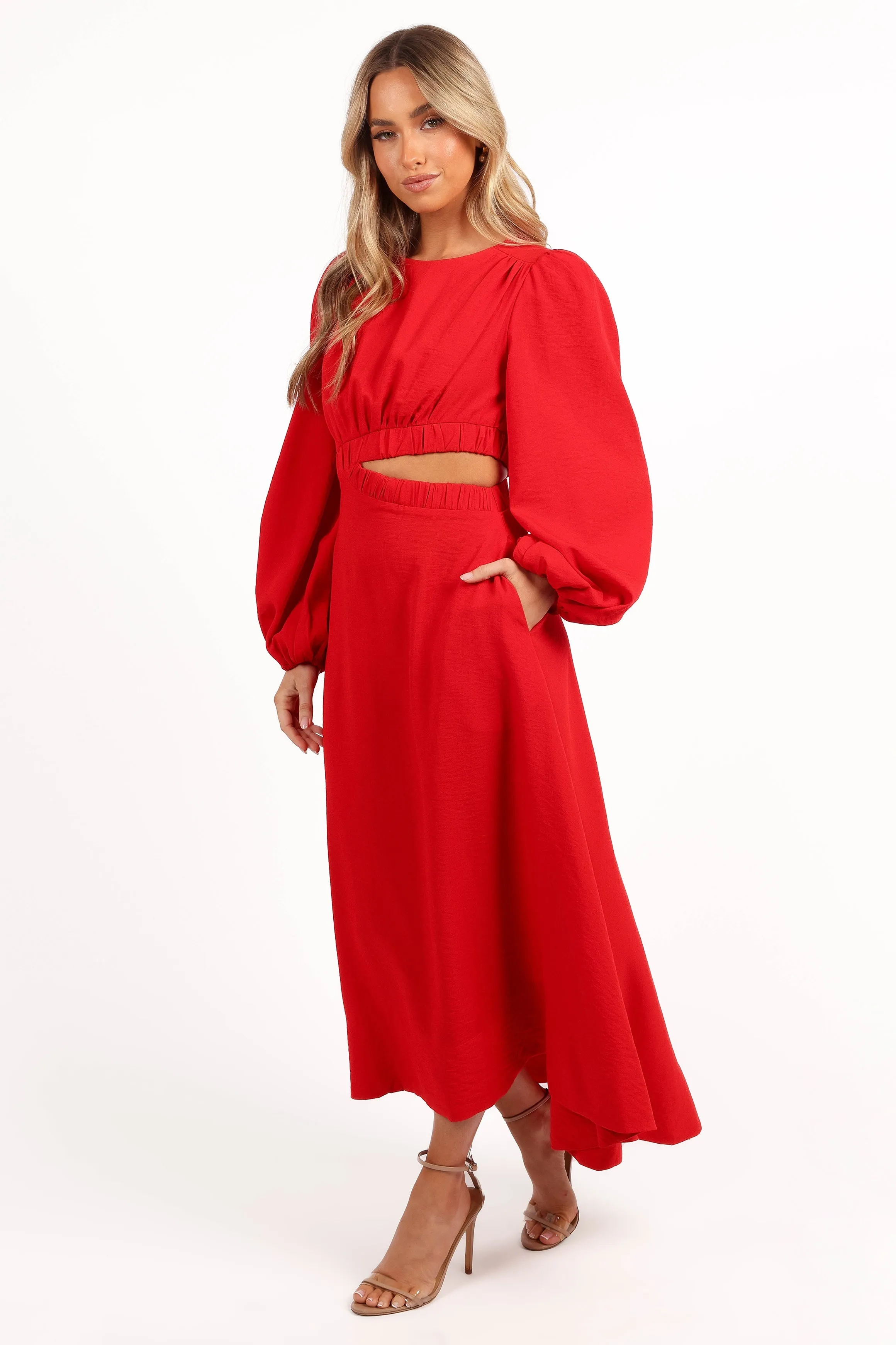 Ginnee Puff Sleeve Cutout Midi Dress - Red