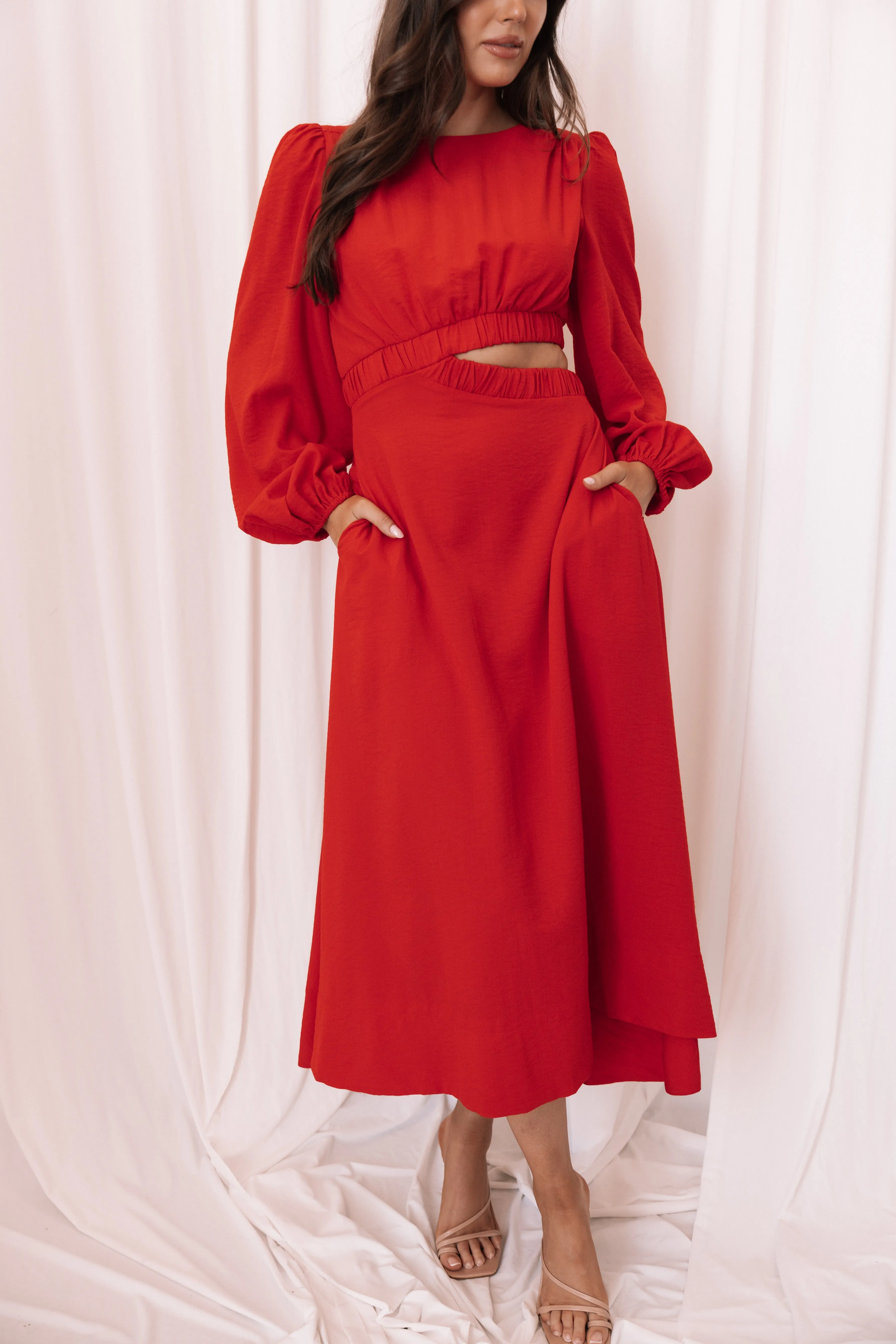 Ginnee Puff Sleeve Cutout Midi Dress - Red