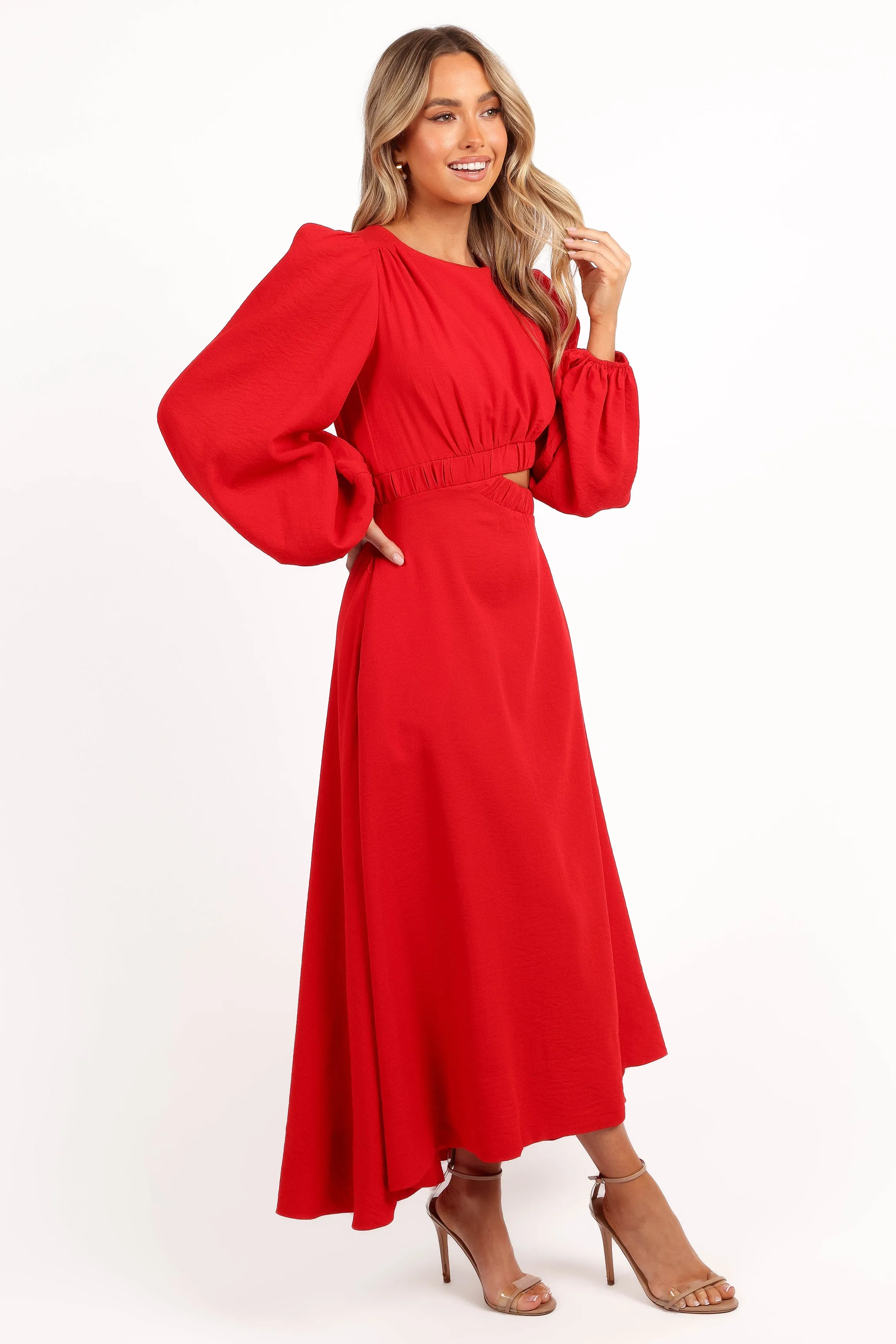 Ginnee Puff Sleeve Cutout Midi Dress - Red