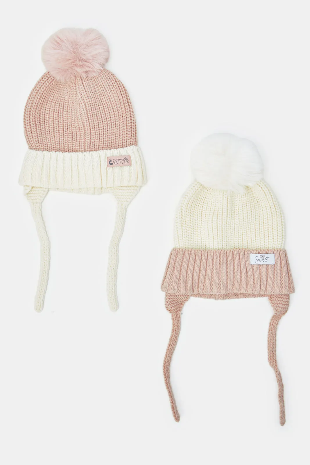 Girls Brown And Beige Knitted Cap Set (2 Piece)