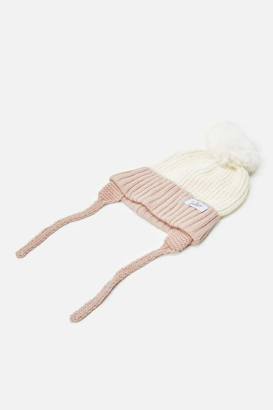 Girls Brown And Beige Knitted Cap Set (2 Piece)