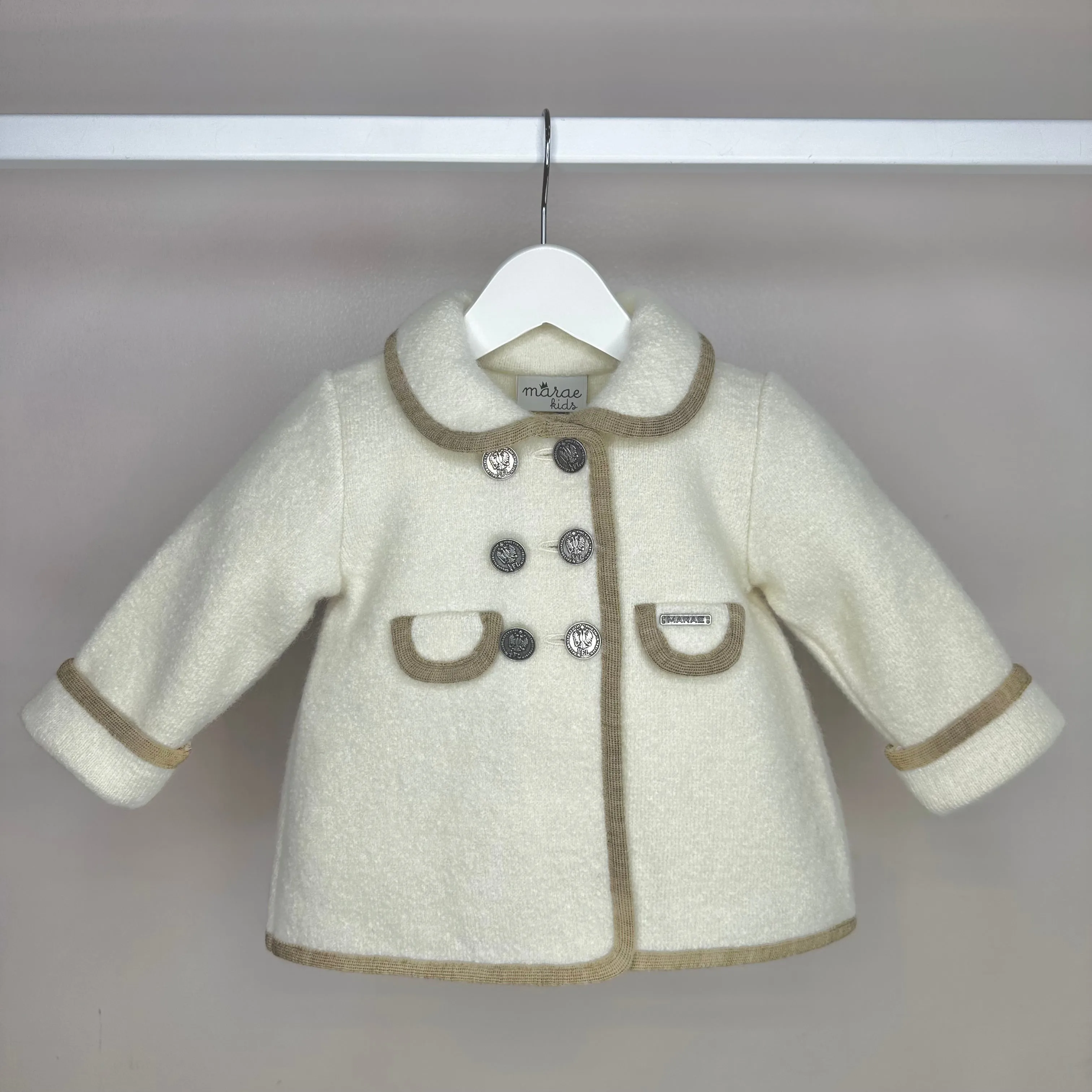 Girls Cream Marae Coat With Camel Trim