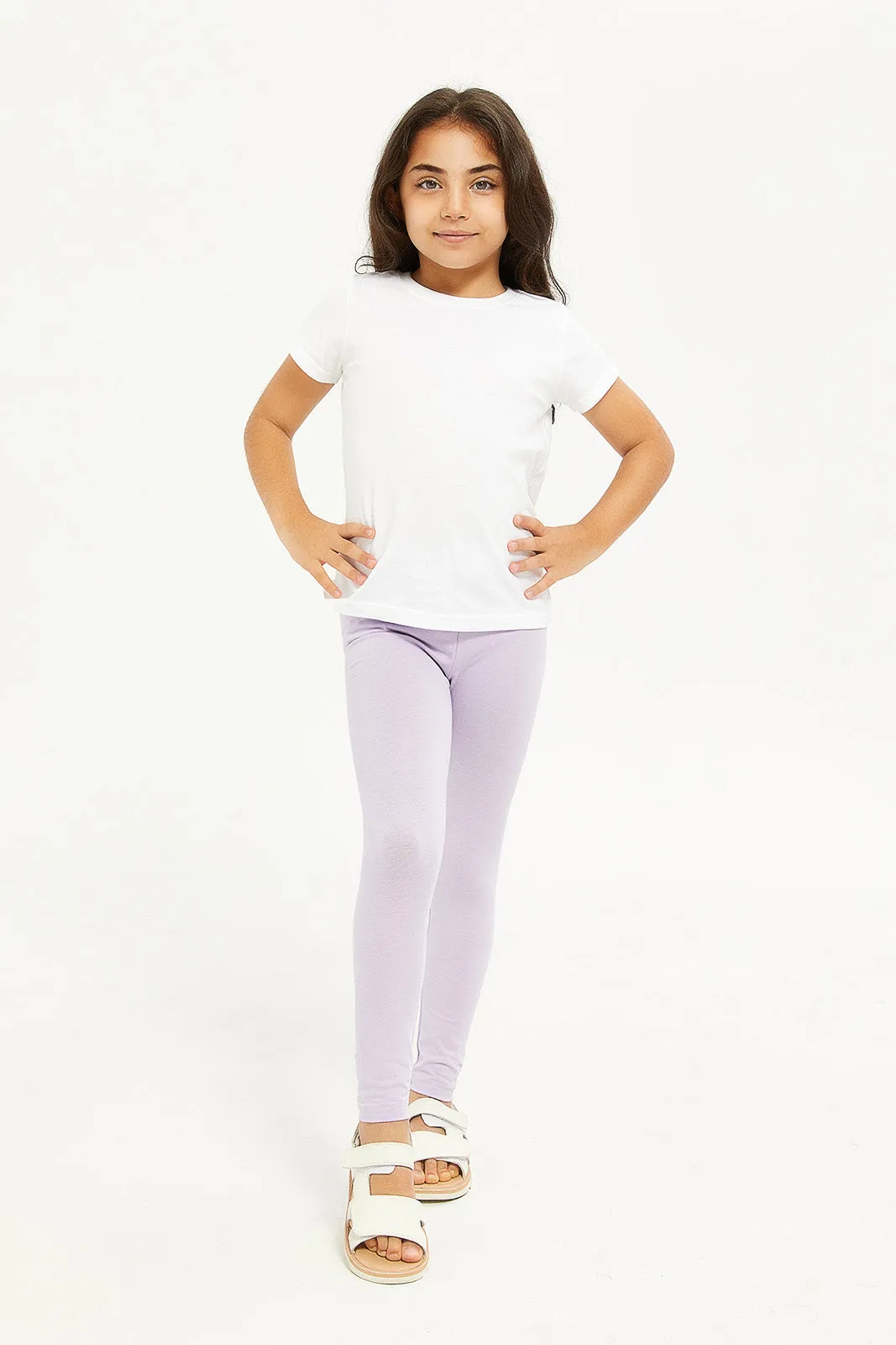 Girls Lilac And White Leggings Set (Pack Of 2)