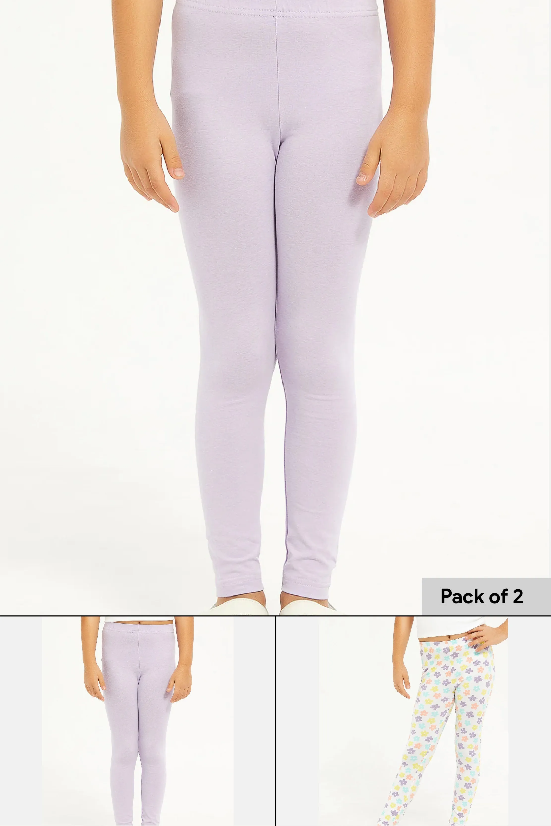 Girls Lilac And White Leggings Set (Pack Of 2)