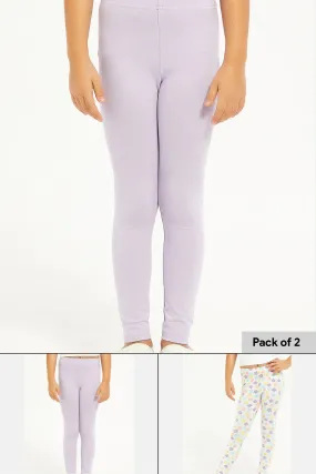 Girls Lilac And White Leggings Set (Pack Of 2)