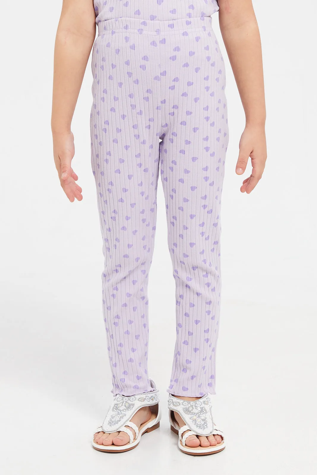 Girls Lilac Printed Leggings With Pockets