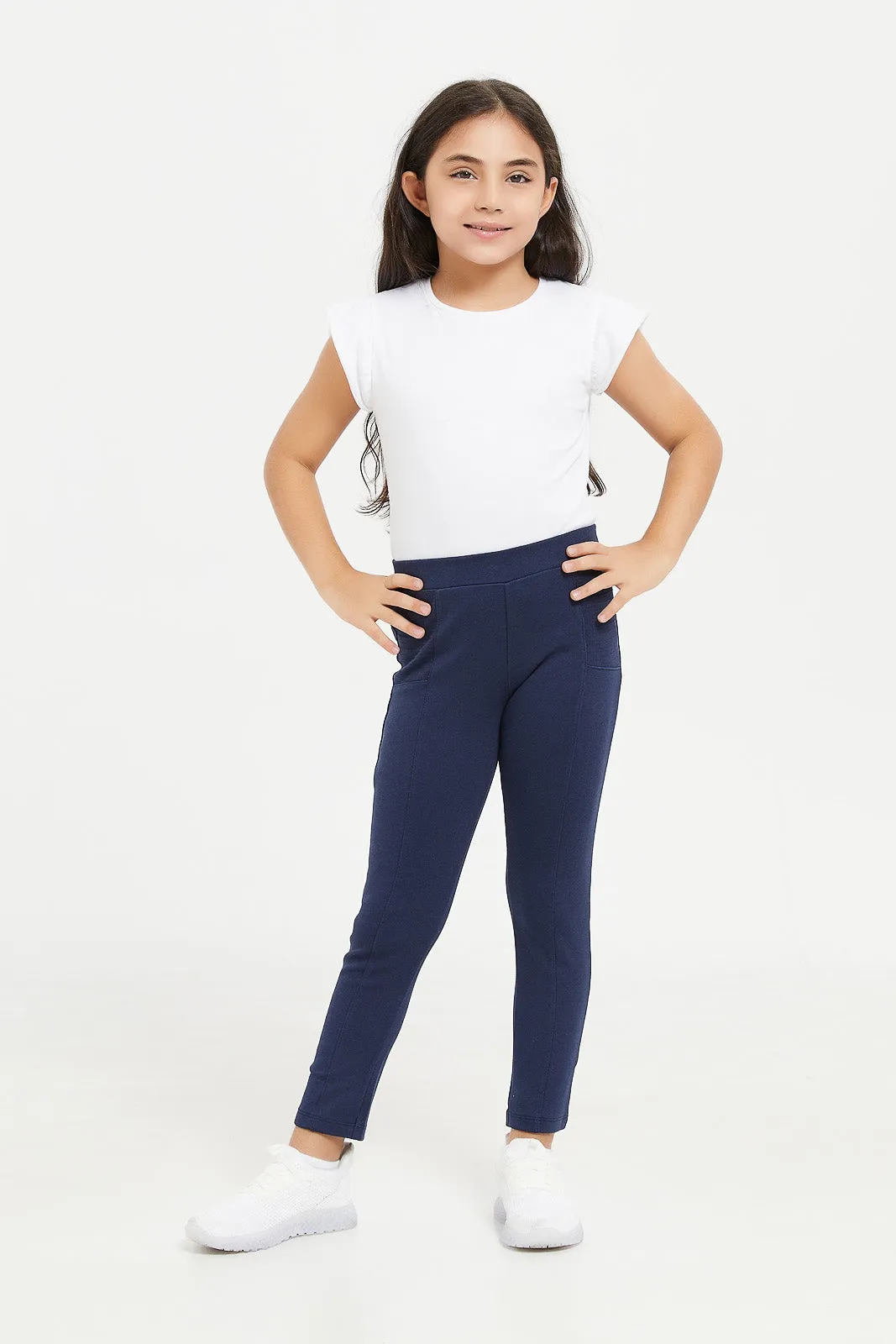 Girls Navy Plain Leggings