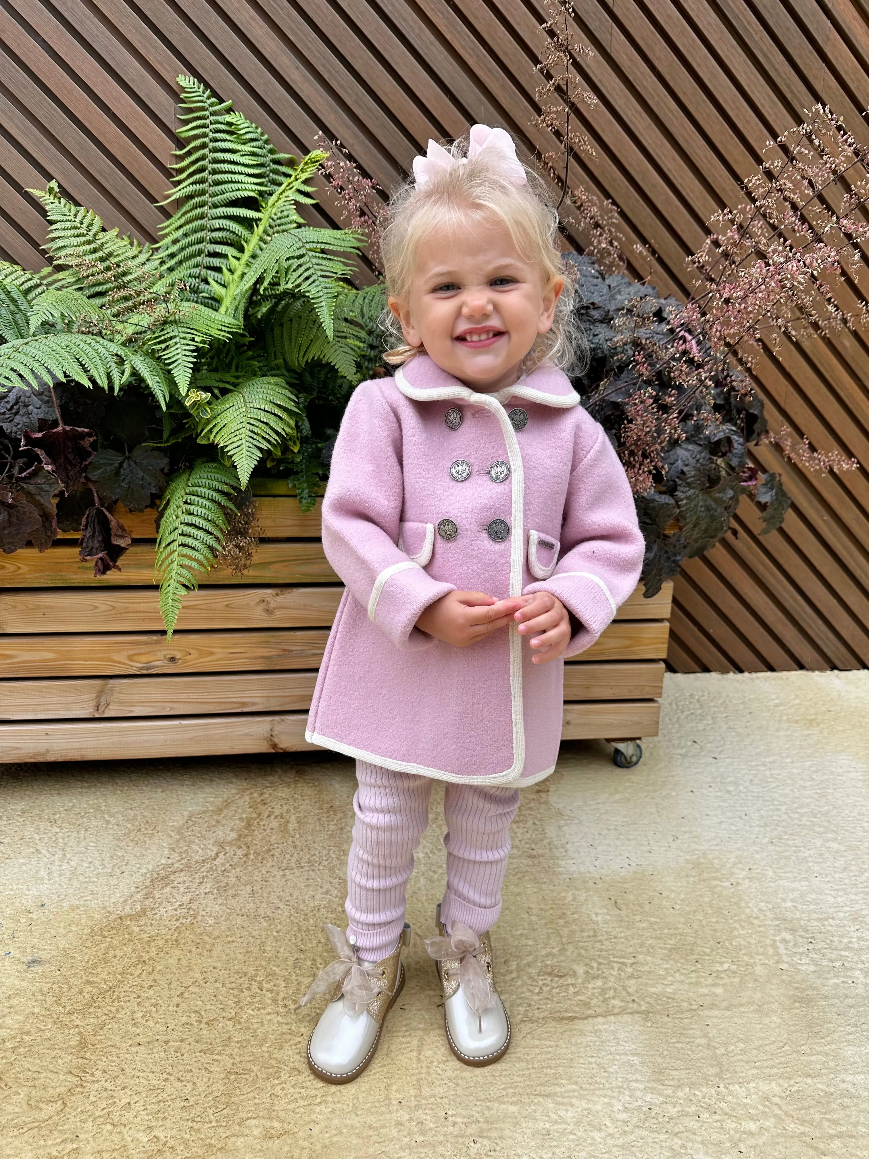 Girls Pink Marae Coat With Cream Trim