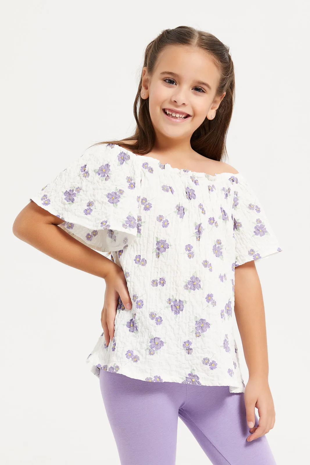 Girls Smocking Short Sleeve Top With Leggings