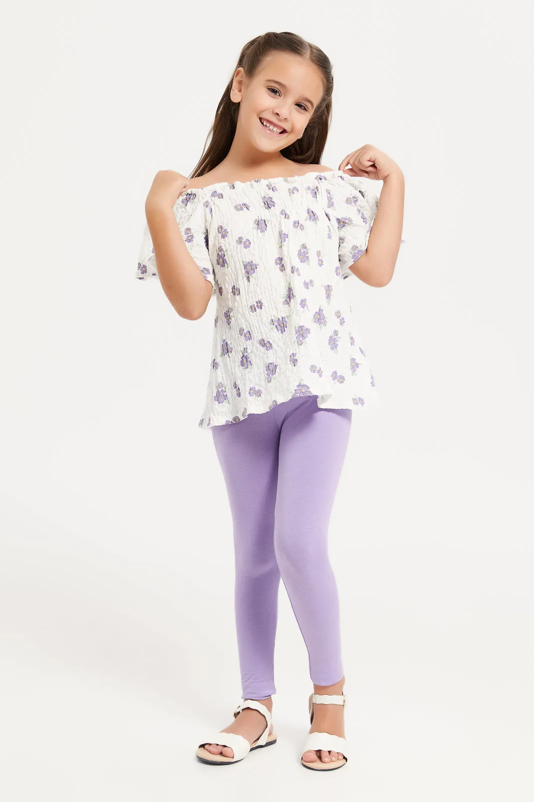 Girls Smocking Short Sleeve Top With Leggings