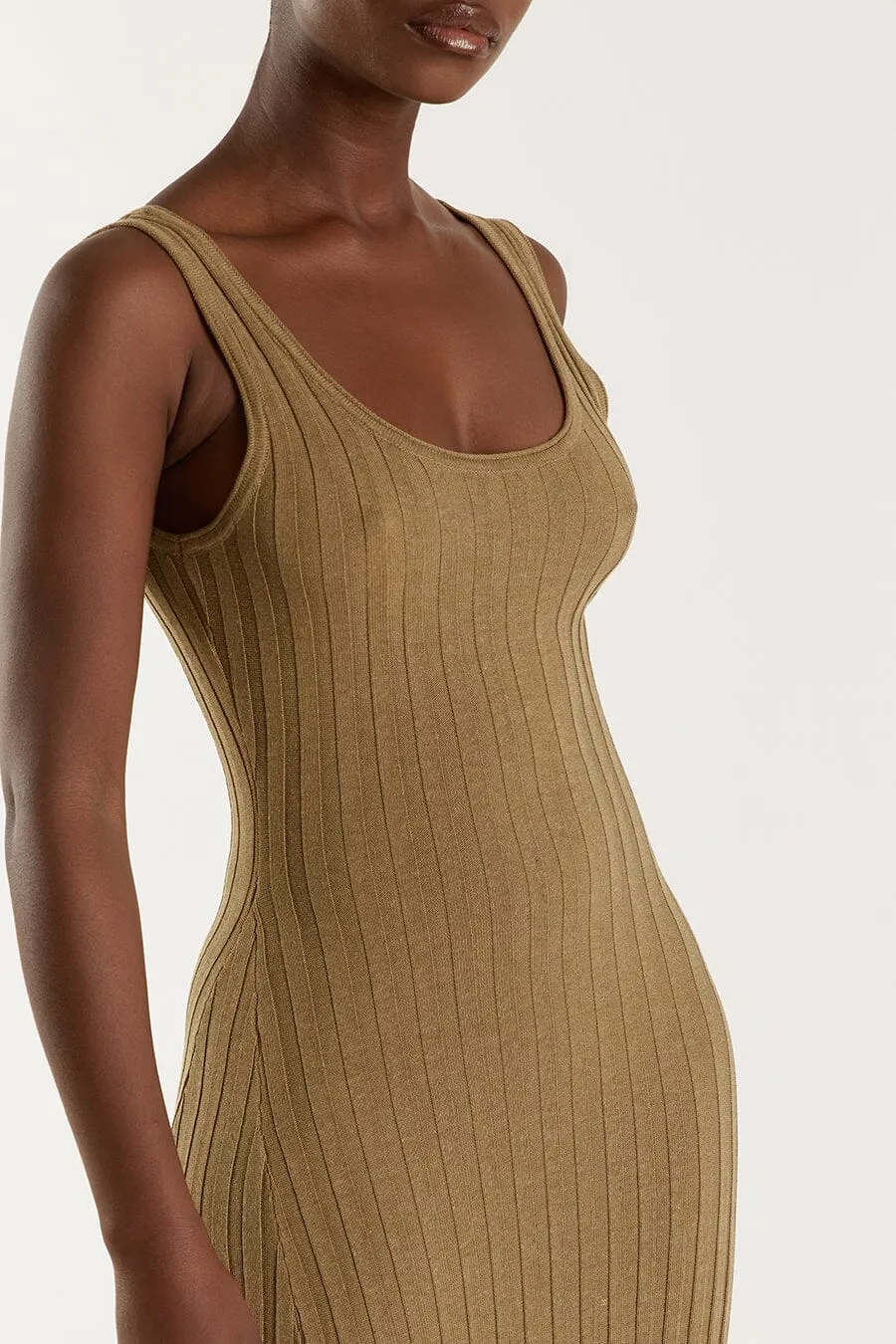 GOLDIE KHAKI MARLE SCOOP MIDI DRESS