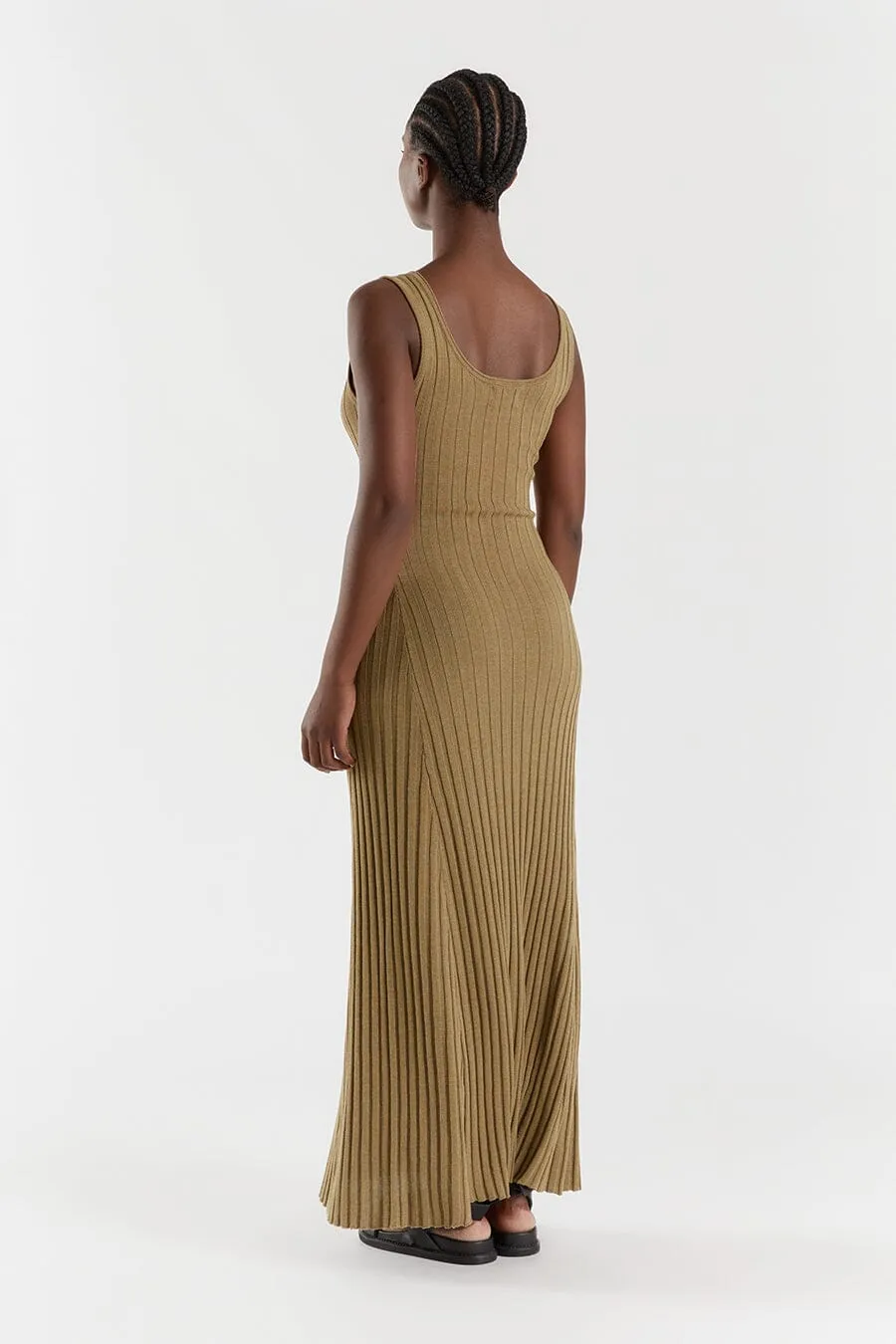 GOLDIE KHAKI MARLE SCOOP MIDI DRESS