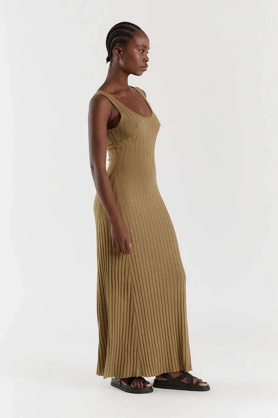 GOLDIE KHAKI MARLE SCOOP MIDI DRESS