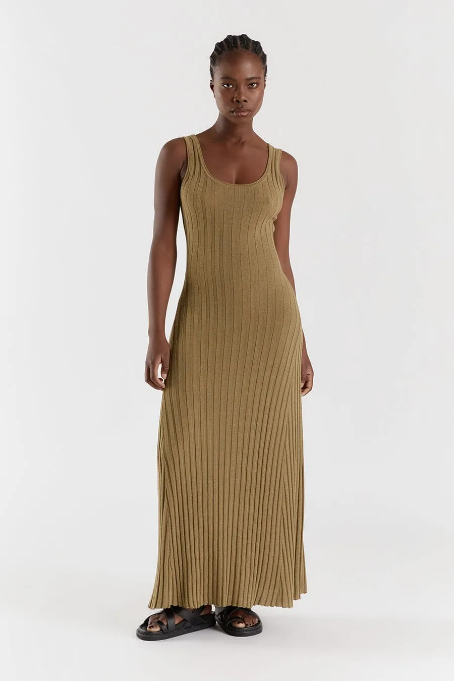 GOLDIE KHAKI MARLE SCOOP MIDI DRESS