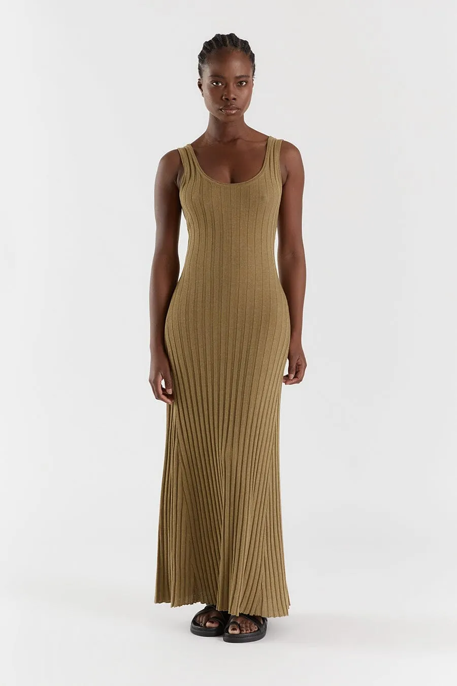 GOLDIE KHAKI MARLE SCOOP MIDI DRESS