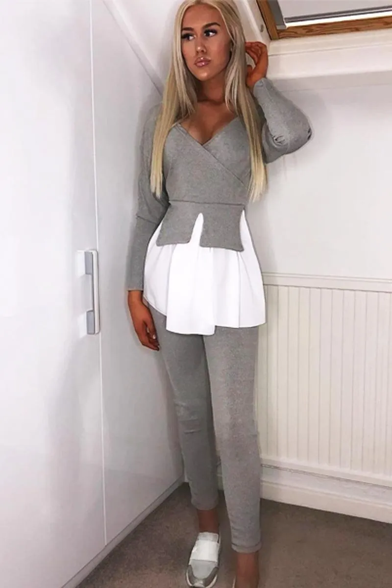 Grey Plunge Shirt Insert Top Legging Co-ord - Destine