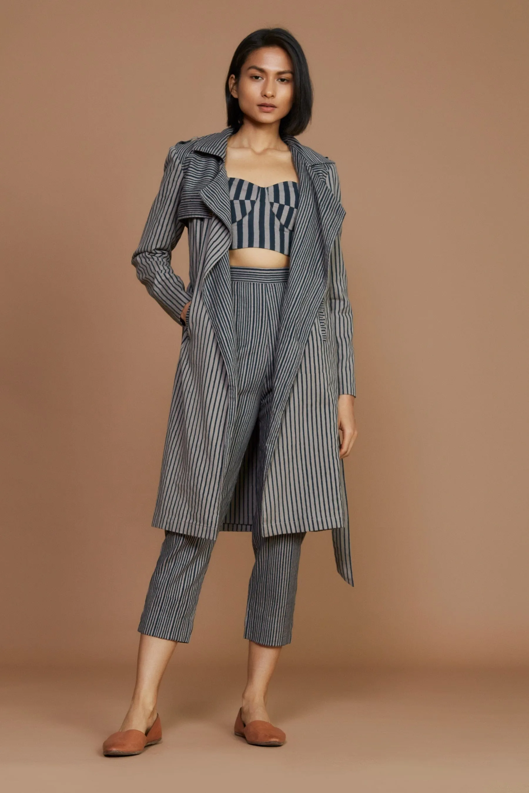 Grey with Charcoal Striped Trench & Corset Co-Ord Set (3 PCS)