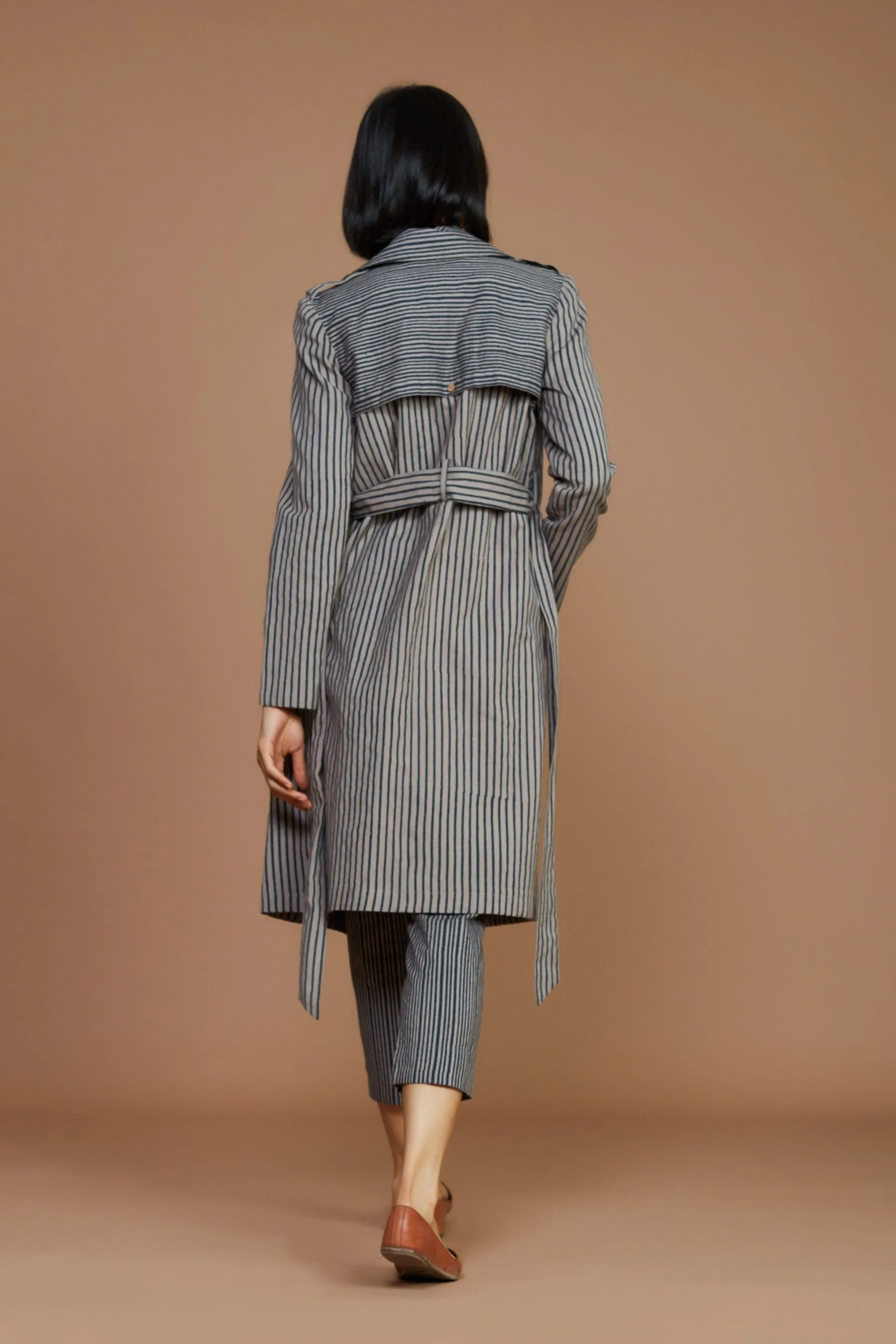 Grey with Charcoal Striped Trench & Corset Co-Ord Set (3 PCS)