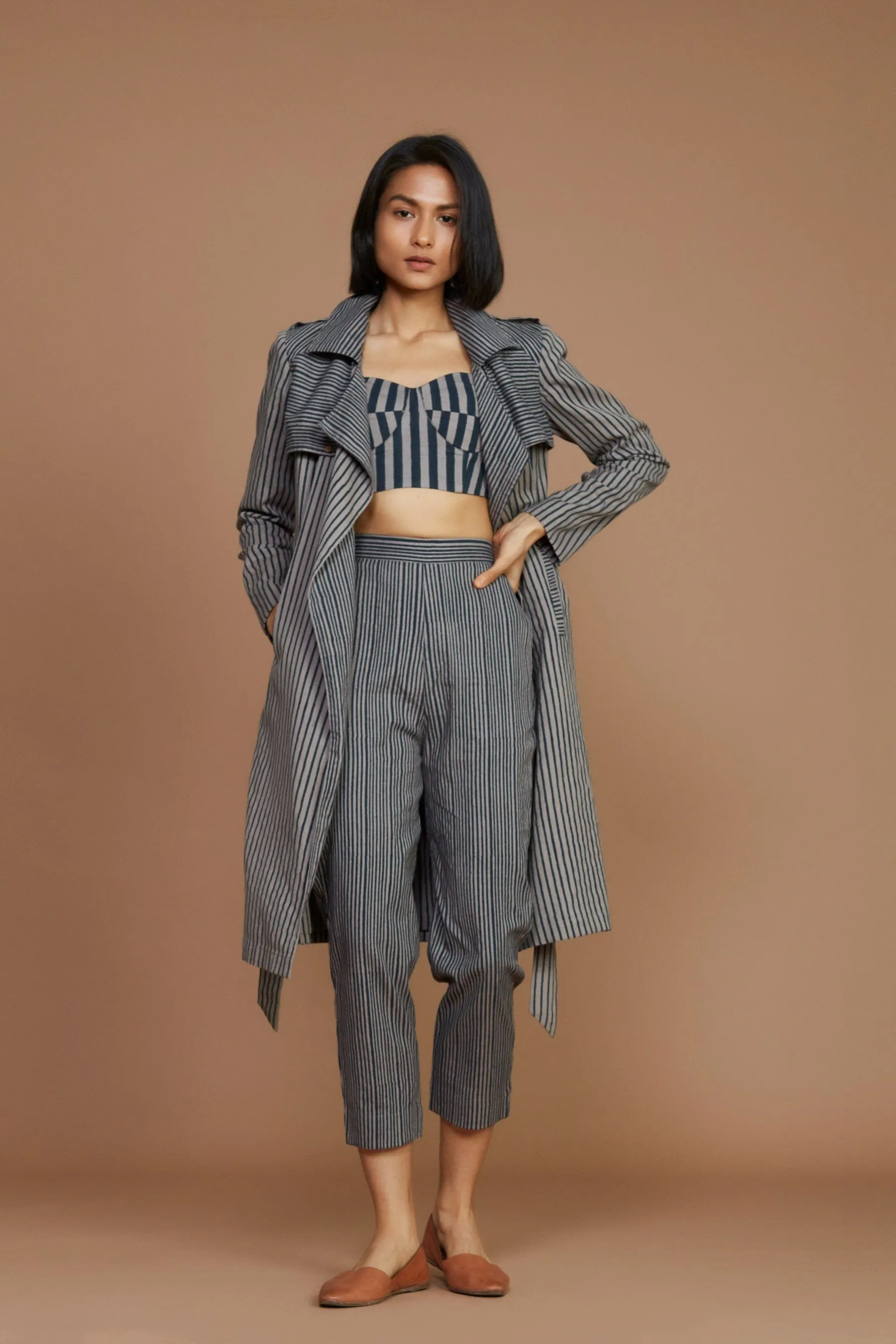 Grey with Charcoal Striped Trench & Corset Co-Ord Set (3 PCS)