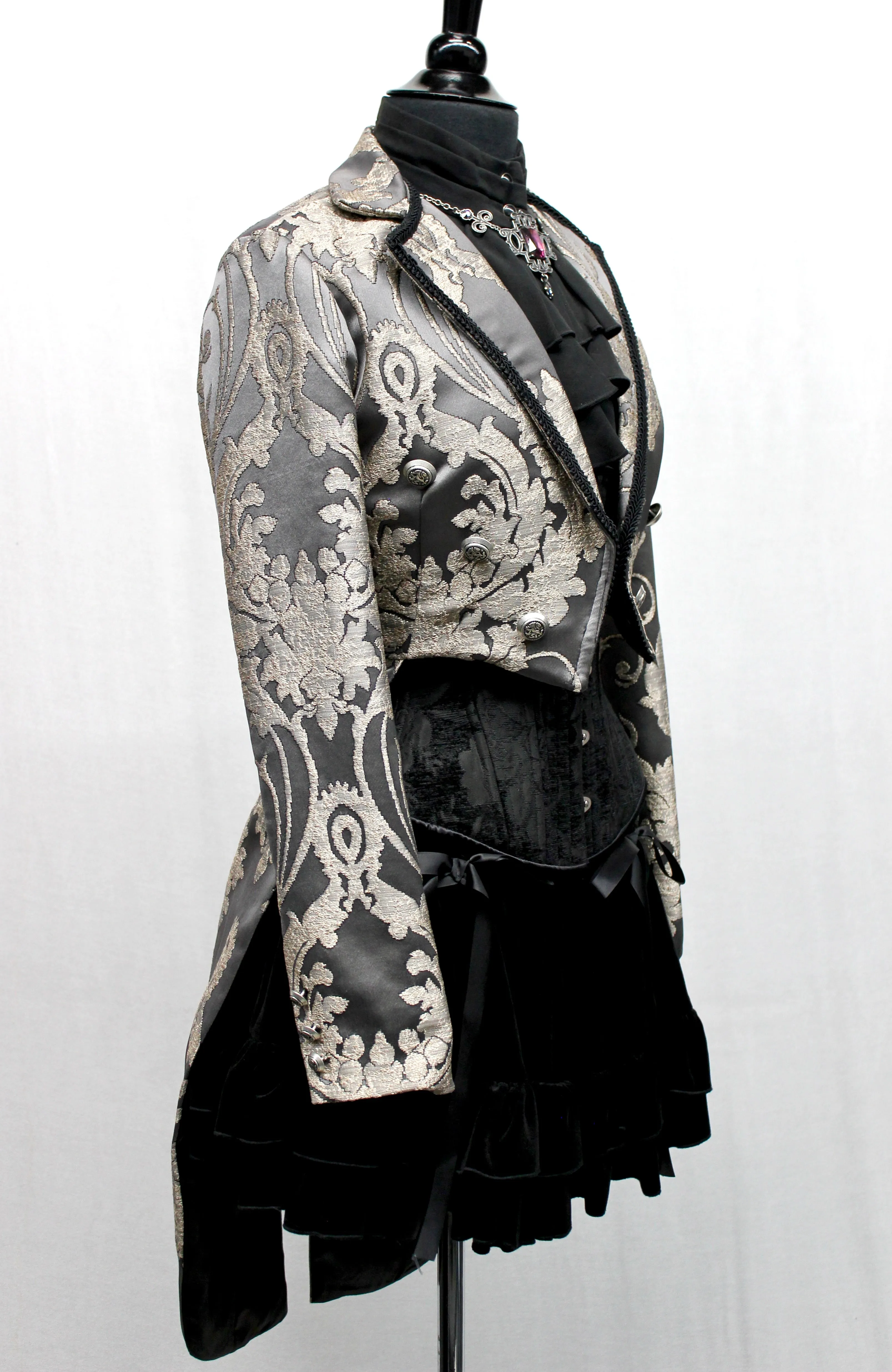 HARLEQUIN TAILCOAT - SATIN BROCADE - CHARCOAL GREY