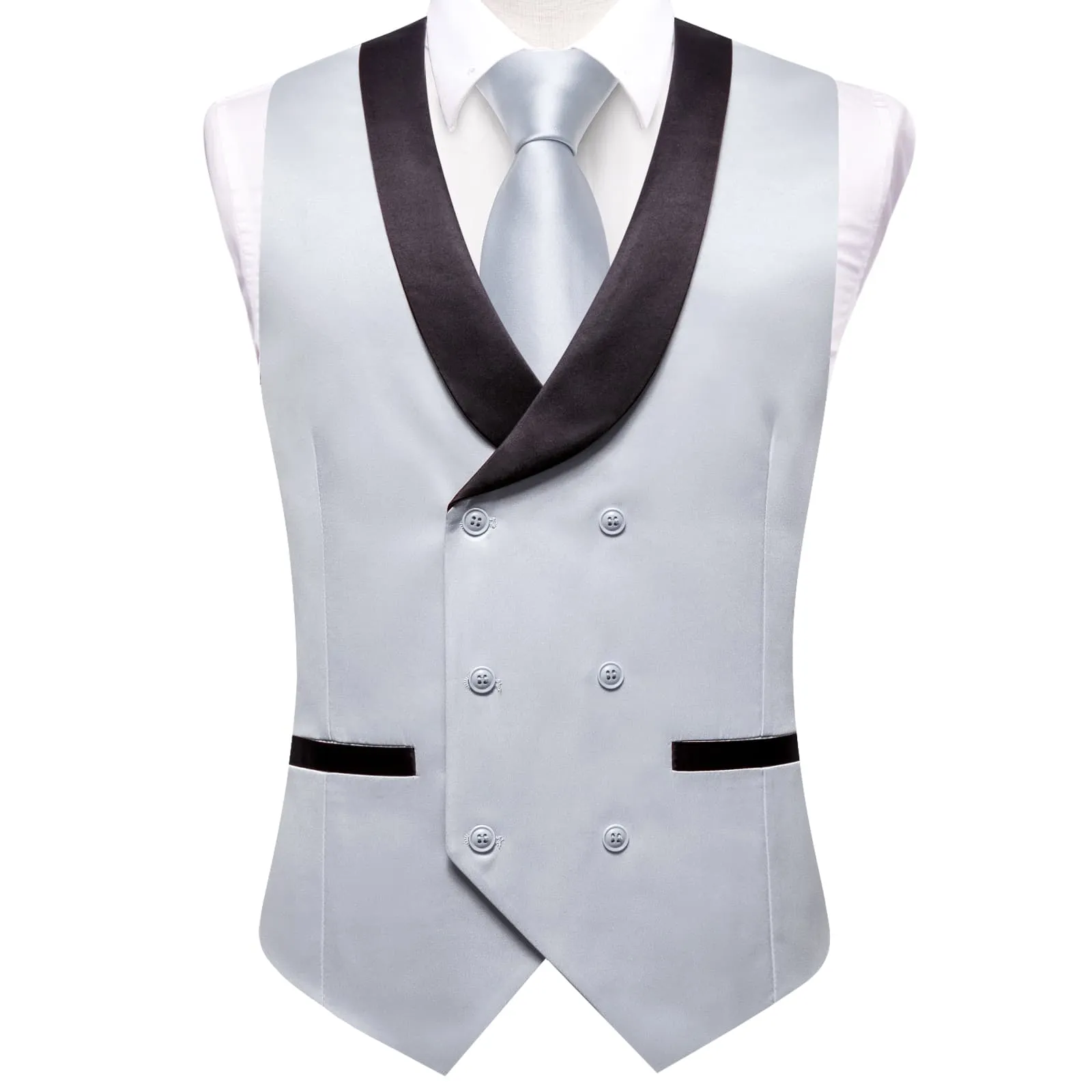 Hi-Tie Lavender Gray Double Breasted Black Shawl Lapel Vest for Men