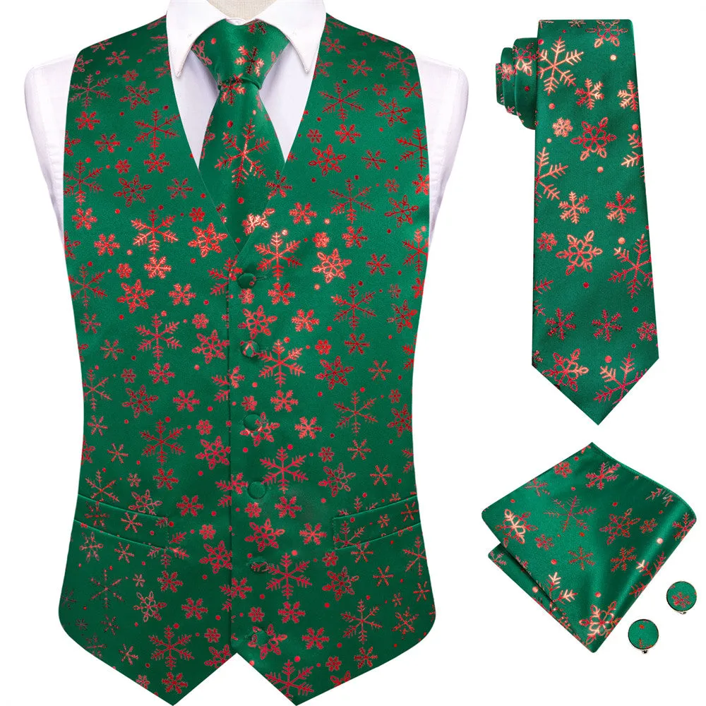 Hi-Tie Mens Waistcoat Green Red Snow Christmas Vest Necktie Set