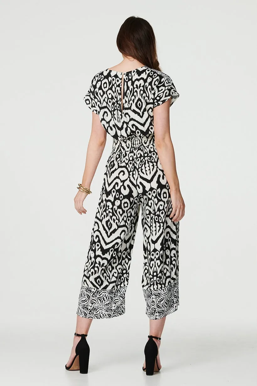 Ikat Print Shirred Waist Jumpsuit