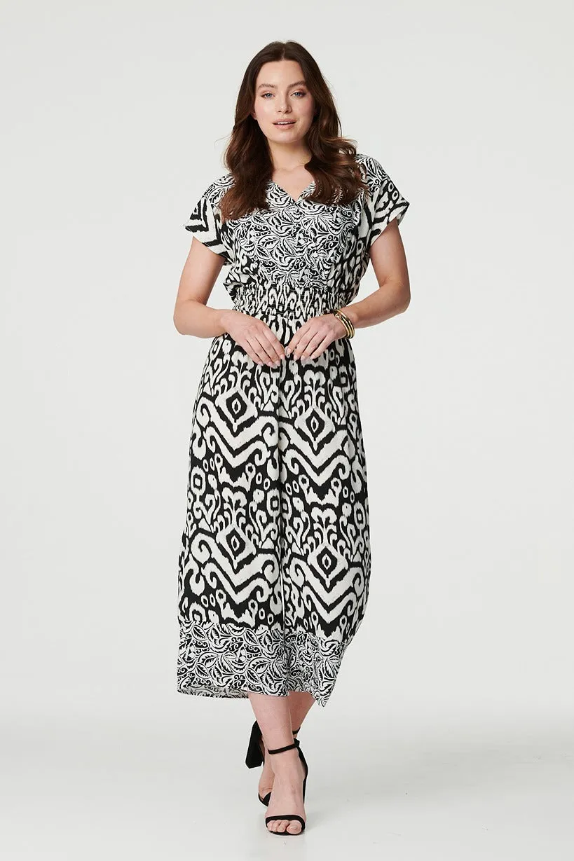 Ikat Print Shirred Waist Jumpsuit