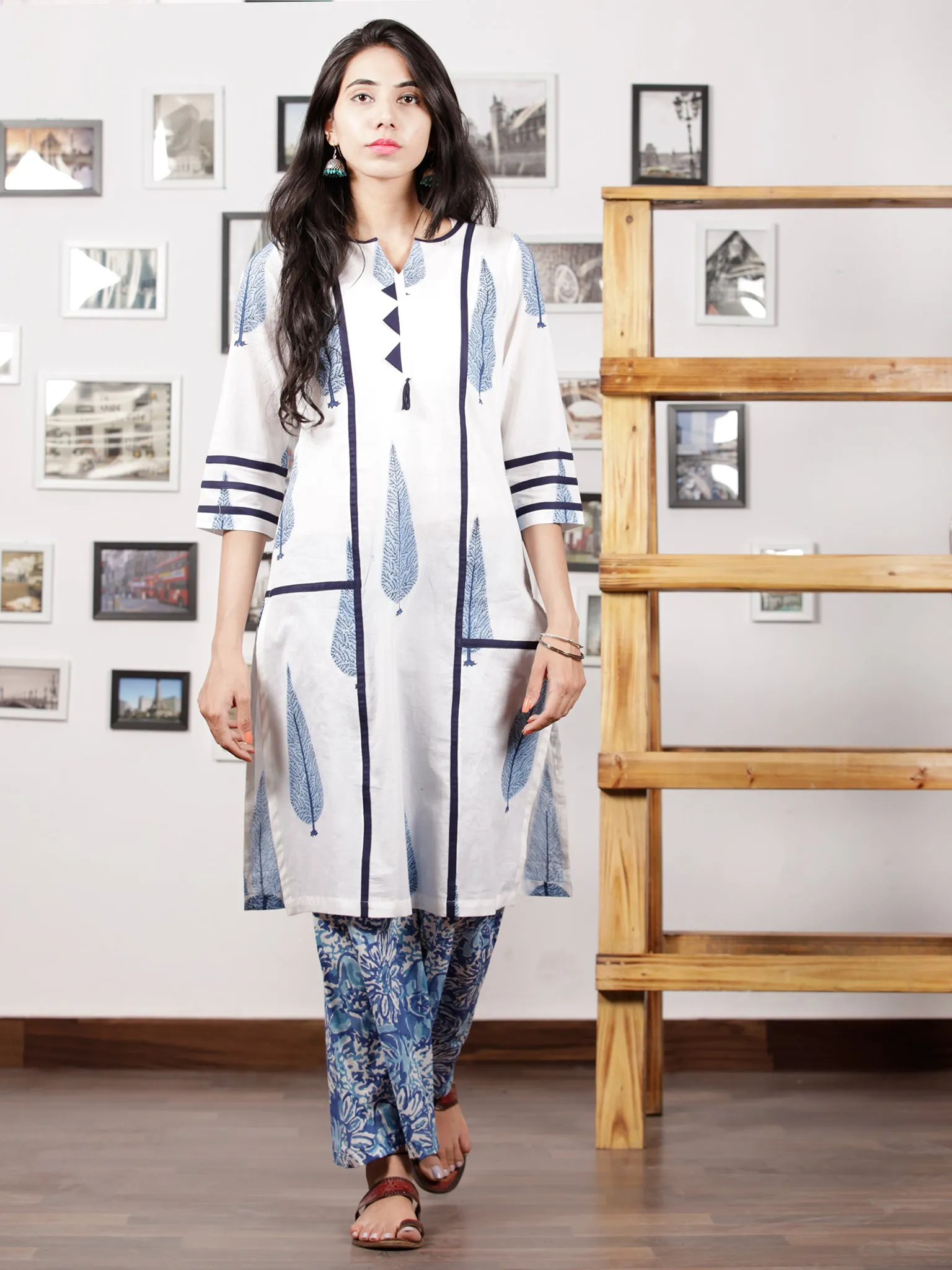 Indigo Blue White Hand Block Printed Semi Elasticated Waist Pleated Cotton Culottes  - P11F1498