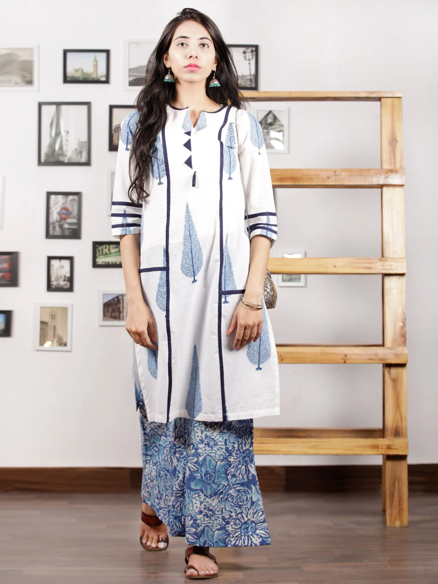 Indigo Blue White Hand Block Printed Semi Elasticated Waist Pleated Cotton Culottes  - P11F1498