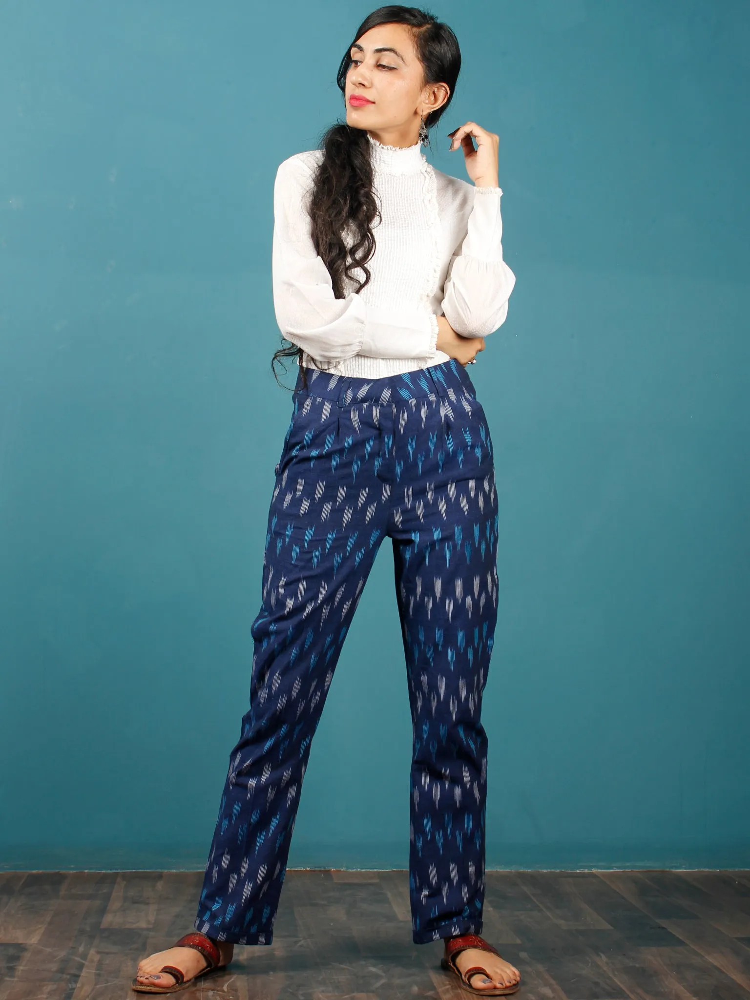 Indigo Sky Blue Gery Hand Woven Ikat Trousers - T032F939