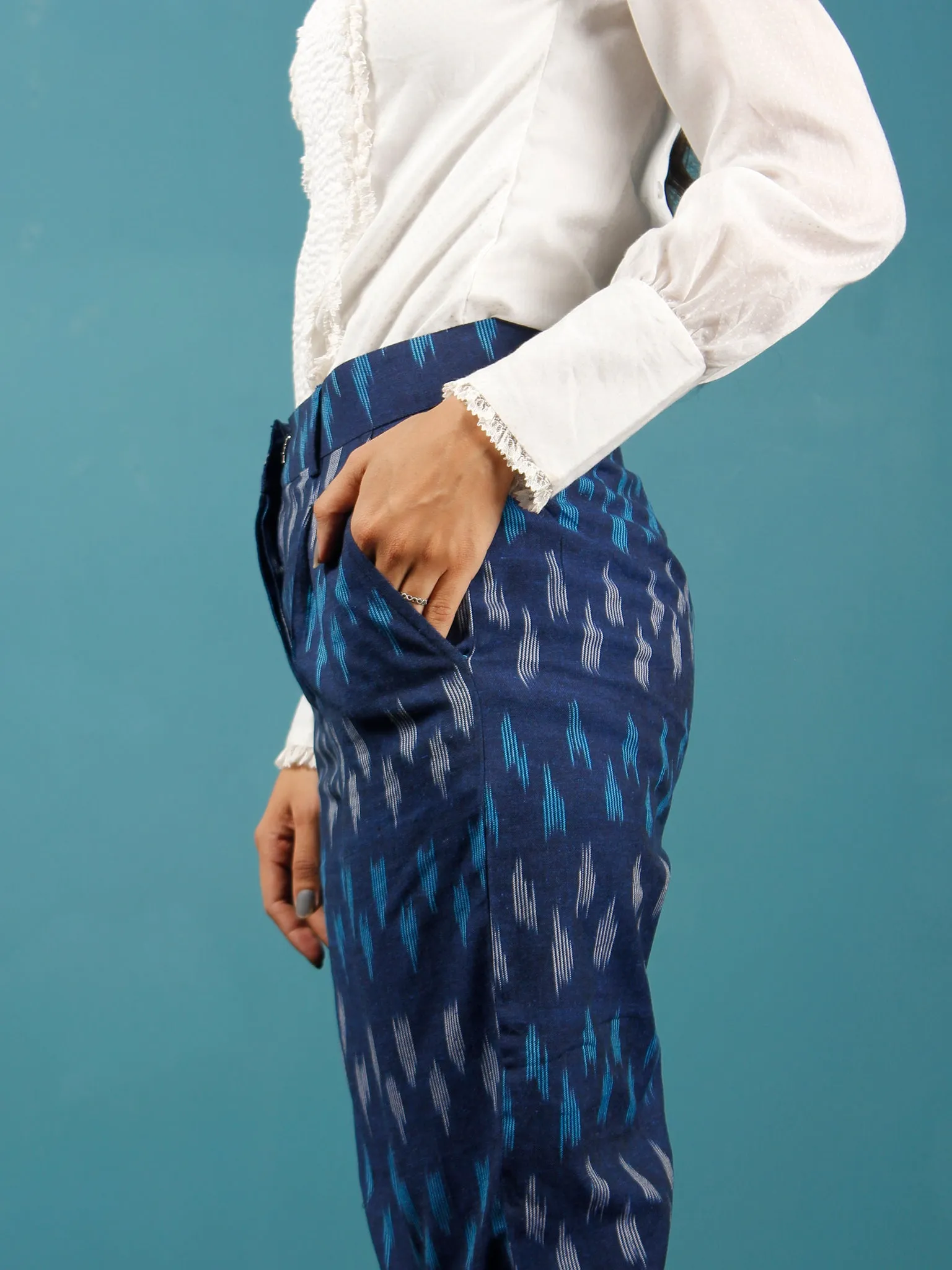 Indigo Sky Blue Gery Hand Woven Ikat Trousers - T032F939