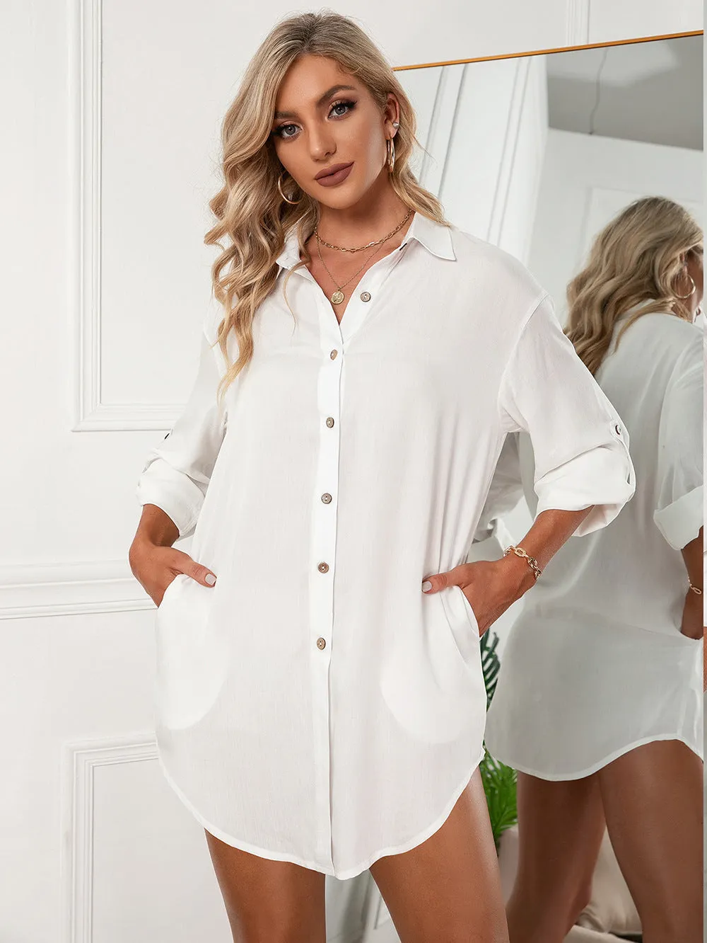 Jeanette Button Down Tunic Top - White