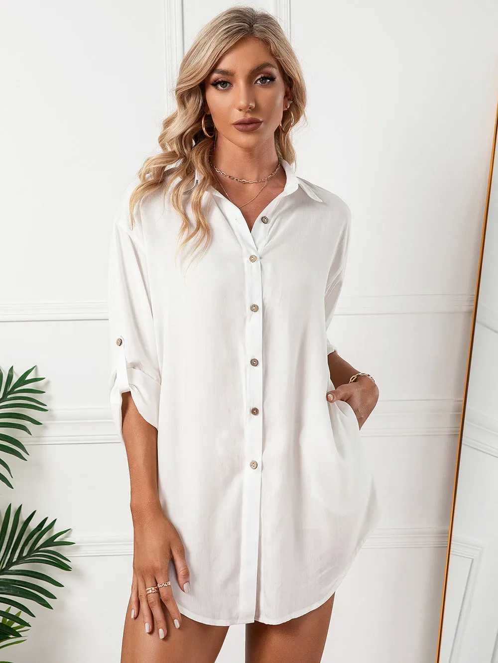 Jeanette Button Down Tunic Top - White