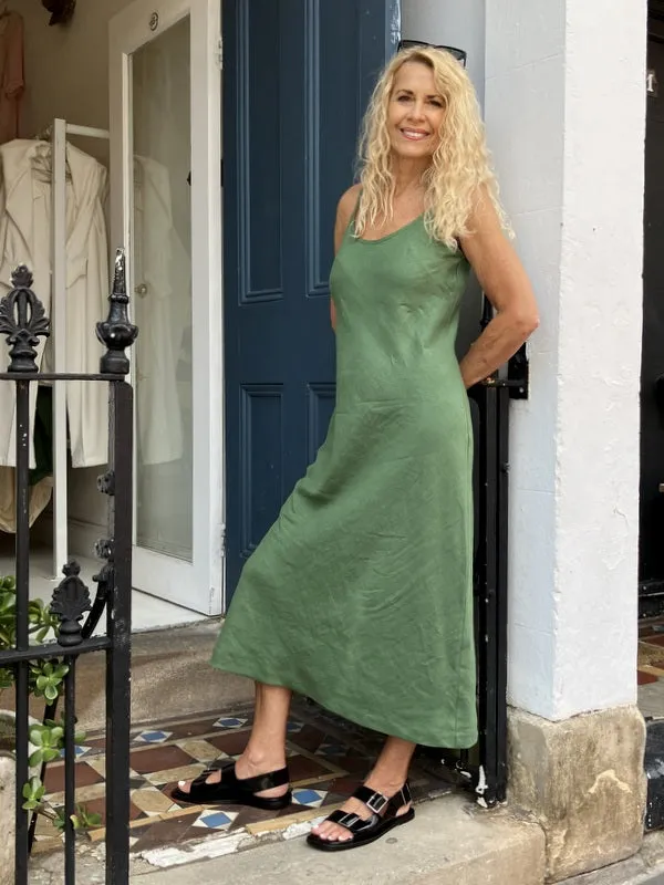 Jiva Vintage Wash Linen Shoestring Slip Dress - Forever Green