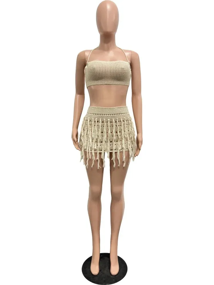 Joskaa Knit Crochet 2 Piece Set Women Sexy Halter Backless Vest and Tassels Mini Skirt Matched 2024 Summer Holiday Beach Outfits