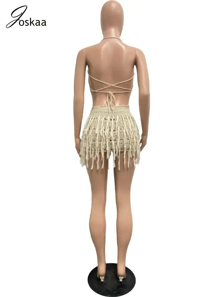 Joskaa Knit Crochet 2 Piece Set Women Sexy Halter Backless Vest and Tassels Mini Skirt Matched 2024 Summer Holiday Beach Outfits