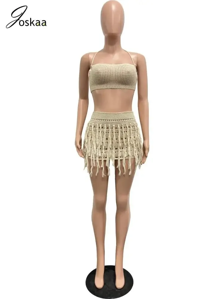 Joskaa Knit Crochet 2 Piece Set Women Sexy Halter Backless Vest and Tassels Mini Skirt Matched 2024 Summer Holiday Beach Outfits