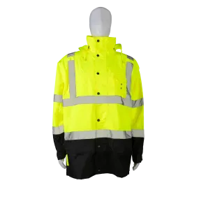 LBPJLW-C3 ANSI Class 3 High-Vis Lime / Black Bottom Waterproof Light Weight Parka Jacket / Trench Coat