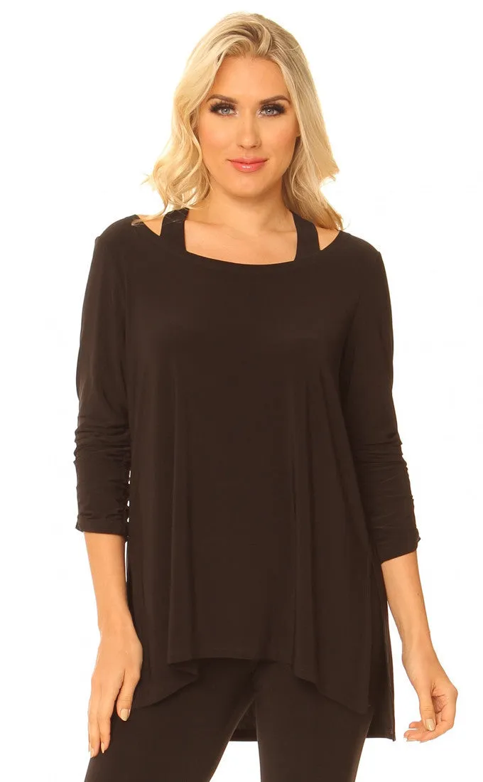 Lior Paris - Strapped Boat Neck, 3/4 Sleeve, Asymmetric Hem, Black Tunic Top