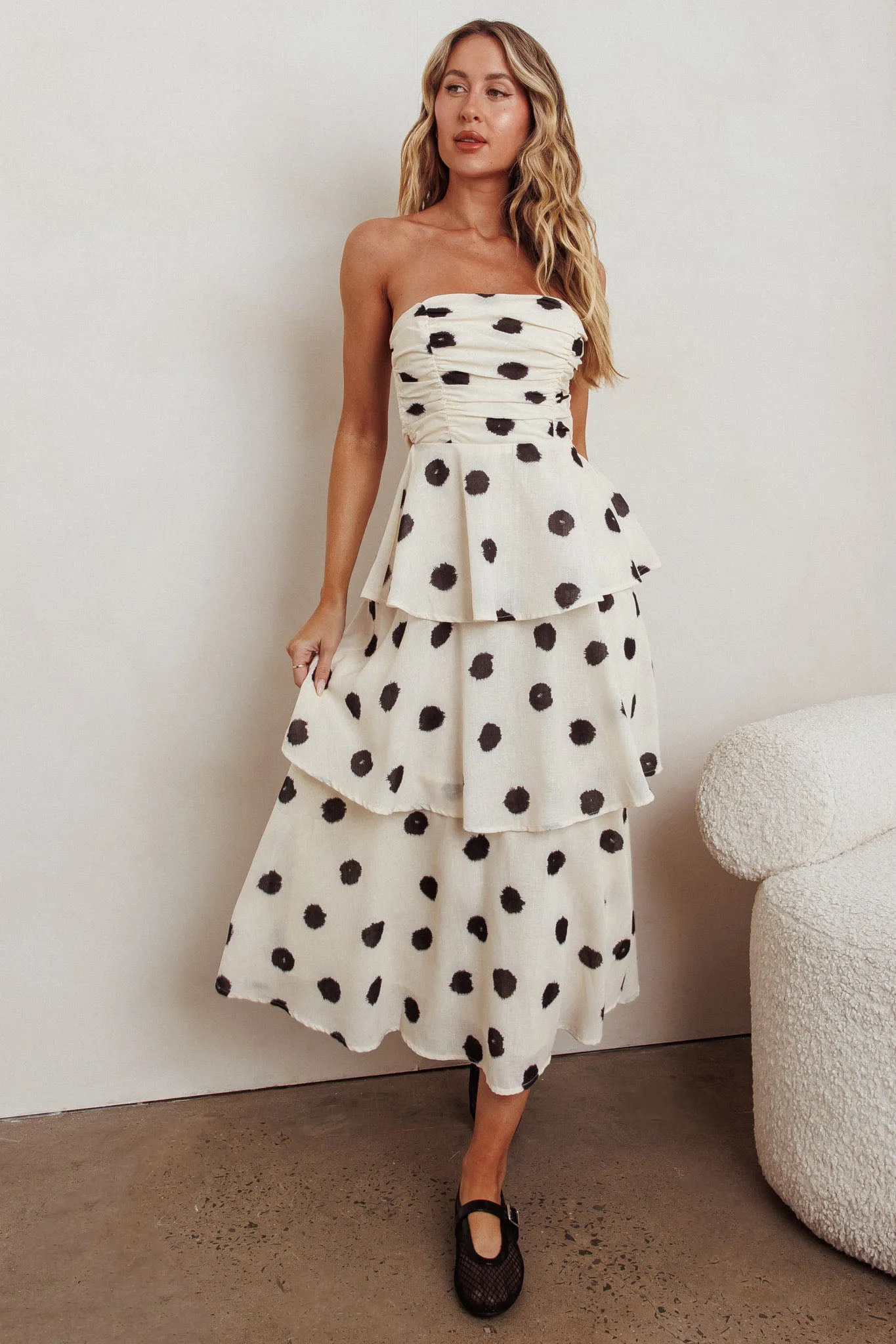 Lorcan Strapless Ruffle Dotted Midi Dress Oat