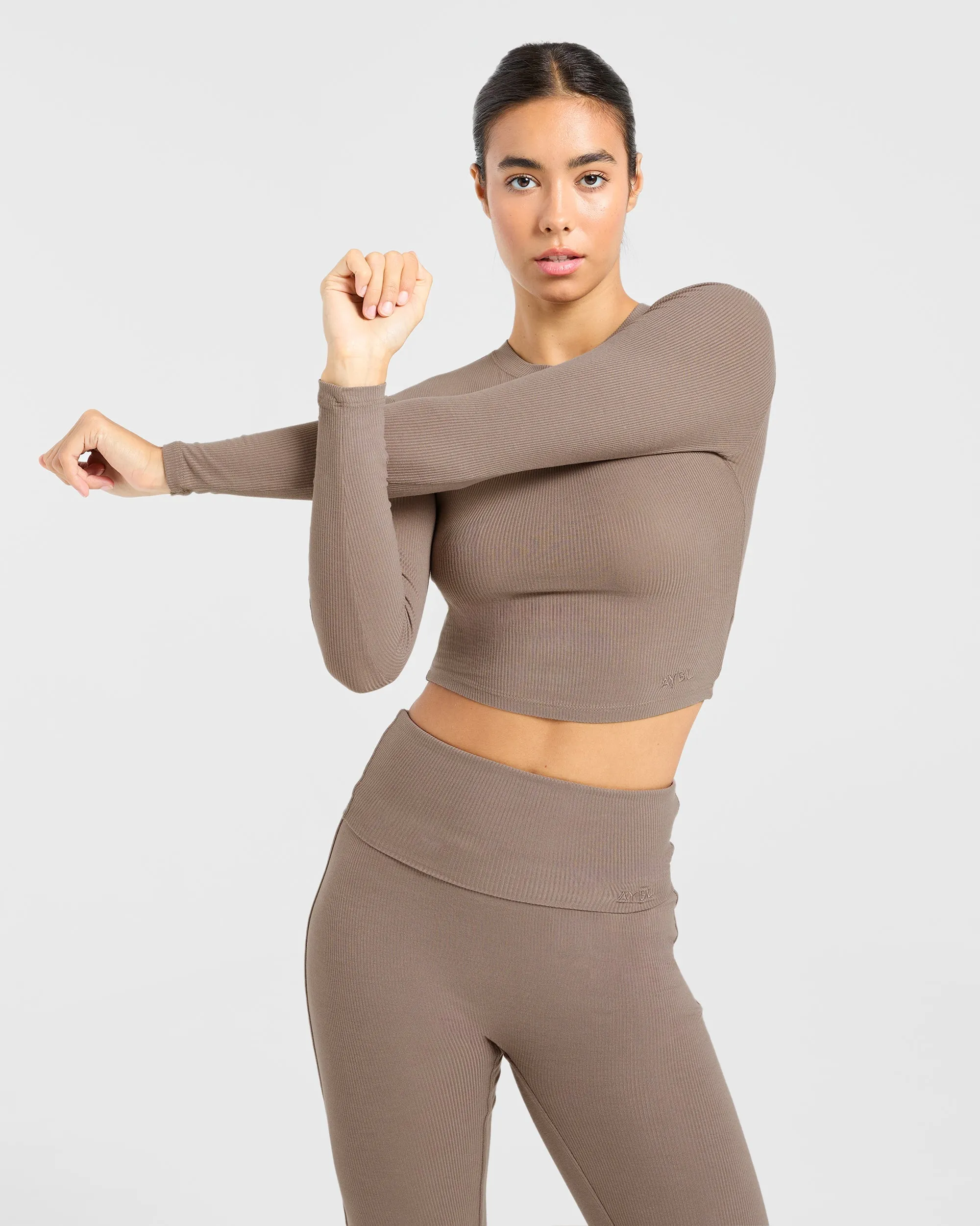 Lounge Ribbed Foldover Flared Leggings - Mocha